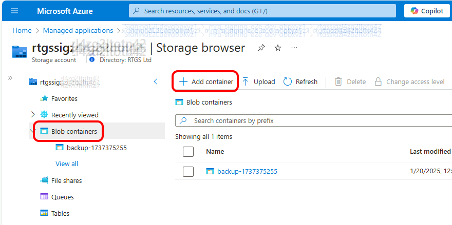 Blob containers list with Add container button highlighted