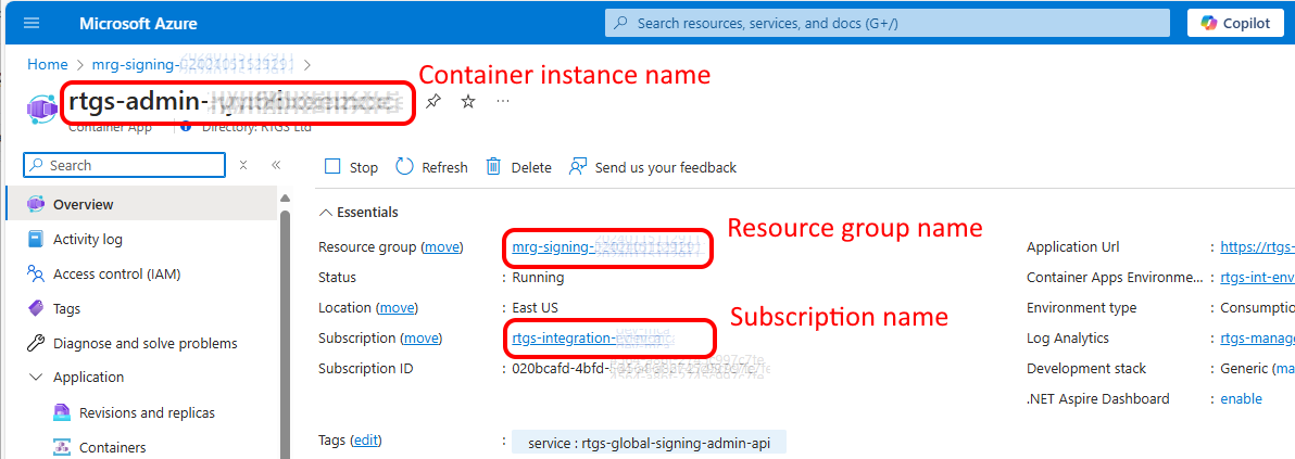 Azure Portal showing rtgs-admin container names and required properties