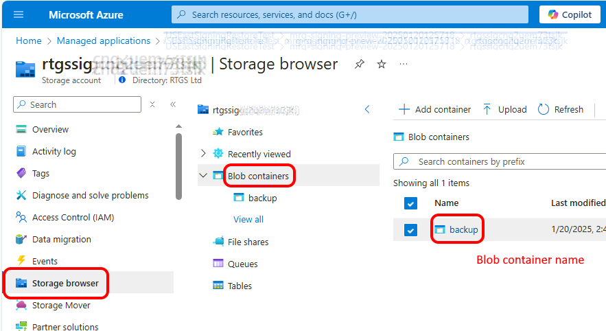 Azure Portal storage account showing the blob container name