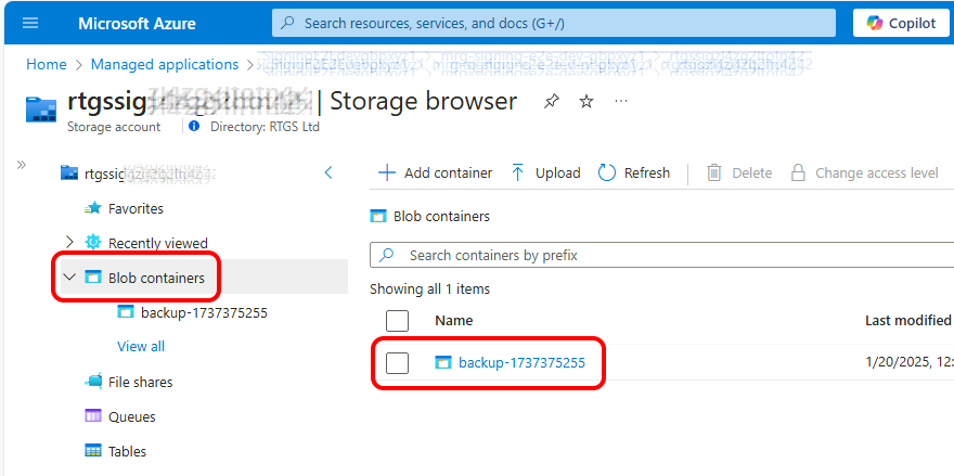 Blob containers list showing date-stamped backup folders