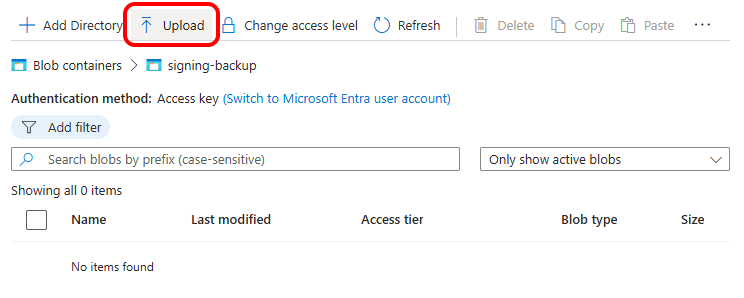 Upload button for adding backup files to the blob container