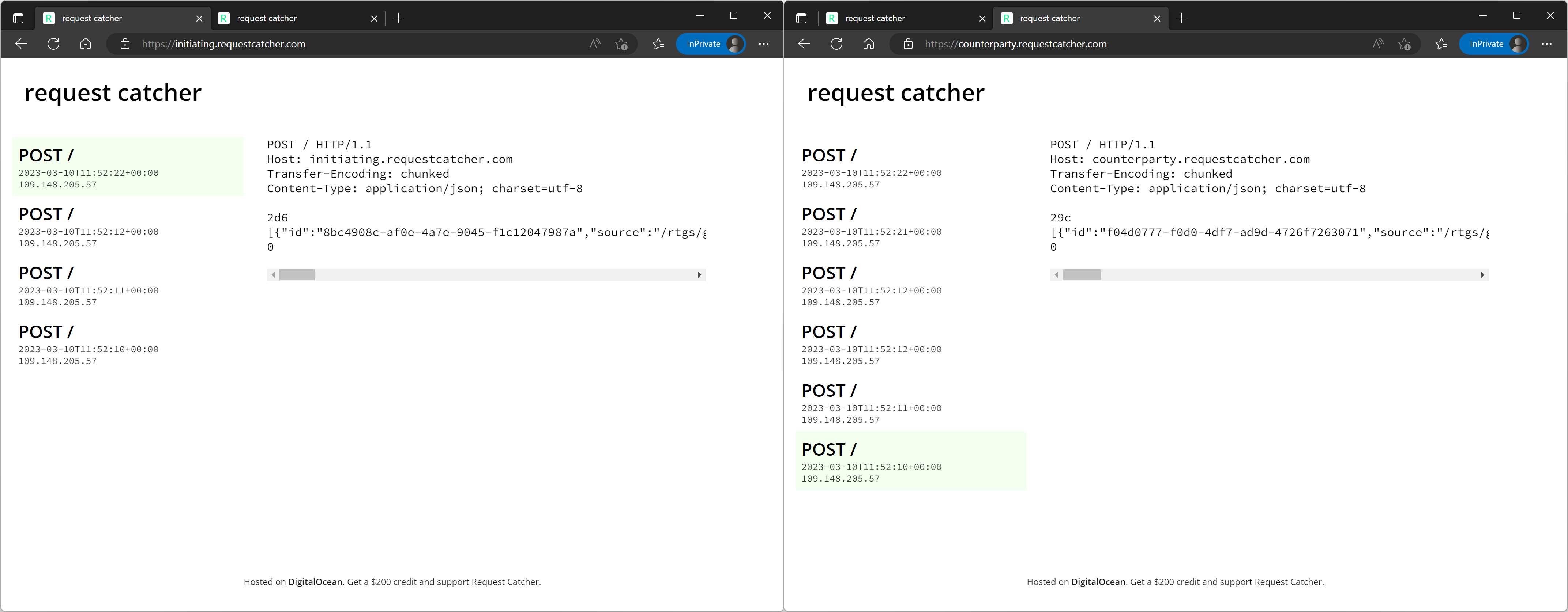 Request Catcher showing incoming webhook notifications from the emulator
